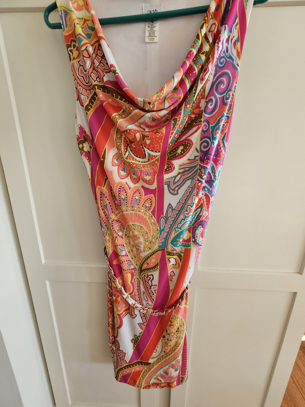 Vintage Y2K CACHE Vibrant Pink Multi Paisley Cowl Neck Women's Dress